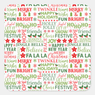 Kersttypografie Rood & Groen Naadloos Patroon Vierkante Sticker