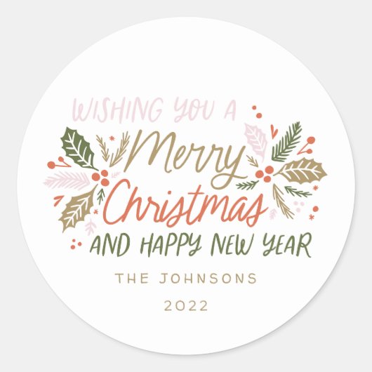 Kersttypografie 'Vintage Holly Bright' Ronde Sticker (Voorkant)