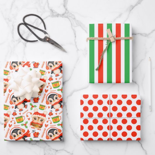Kerstuil en pinguïn inpakpapier set van 3 vel (Voorkant)