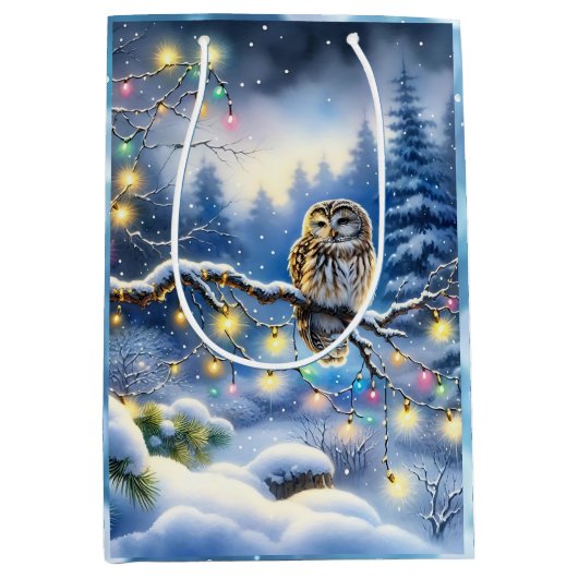 Kerstuil in betoverd magisch winterbos medium cadeauzakje (Voorkant)