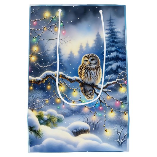 Kerstuil in betoverd magisch winterbos medium cadeauzakje (Achterkant)