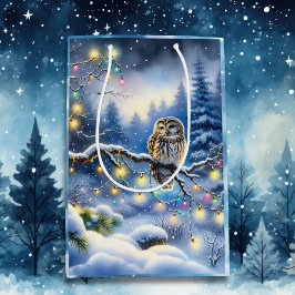 Kerstuil in betoverd magisch winterbos medium cadeauzakje