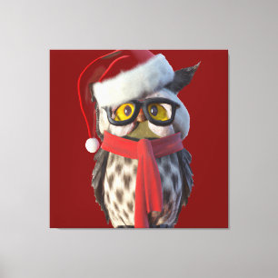 Kerstuil met kerstmannenpak en rode sjaal canvas afdruk
