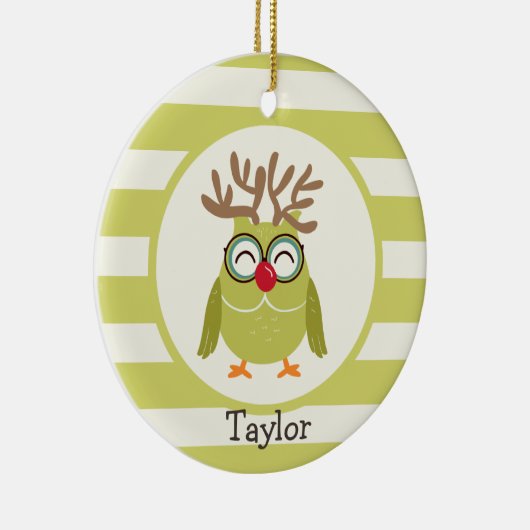 Kerstuil met lichtgroene retro strepen keramisch ornament (Rechts)