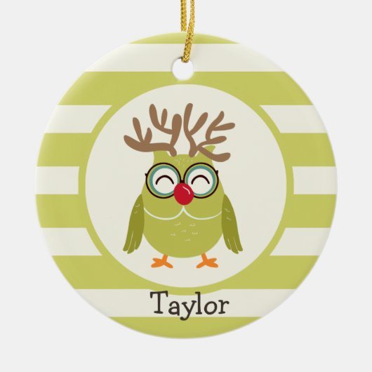 Kerstuil met lichtgroene retro strepen keramisch ornament (Voorkant)