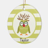 Kerstuil met lichtgroene retro strepen keramisch ornament (Links)