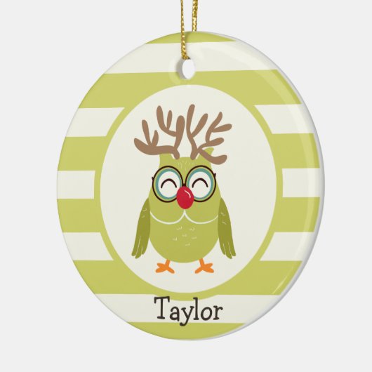 Kerstuil met lichtgroene retro strepen keramisch ornament (Links)