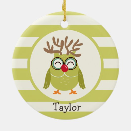 Kerstuil met lichtgroene retro strepen keramisch ornament (Achterkant)