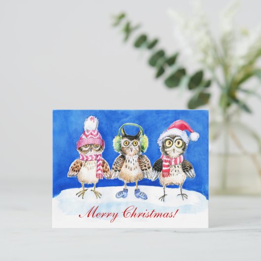 kerstuil waterverf kunst feestdagenkaart (Staand voorkant)