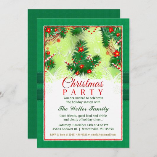 Kerstuitnodiging - feestelijke partij rood en groe kaart (Voorkant / Achterkant)
