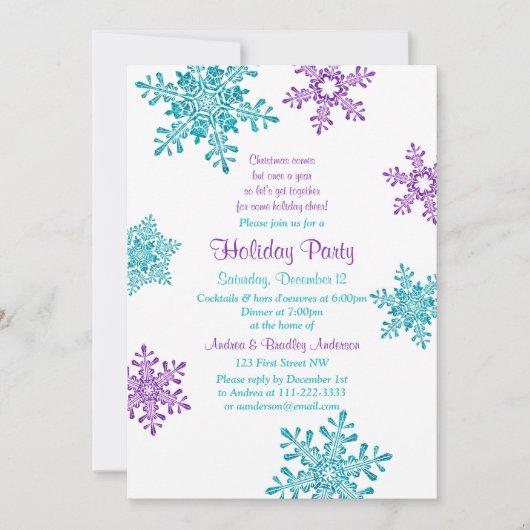 kerstuitnodiging | Paarse Turquoise Snowflake Kaart (Voorkant)