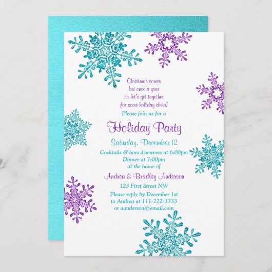 kerstuitnodiging | Paarse Turquoise Snowflake Kaart (Voorkant / Achterkant)