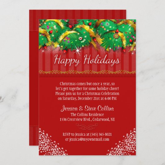 Kerstuitnodiging - Rood- en feestelijke decoraties Kaart (Voorkant / Achterkant)