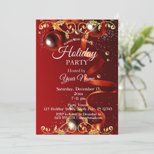 kerstuitnodiging voor het Rode en Gold Ornament Kaart (Staand voorkant)