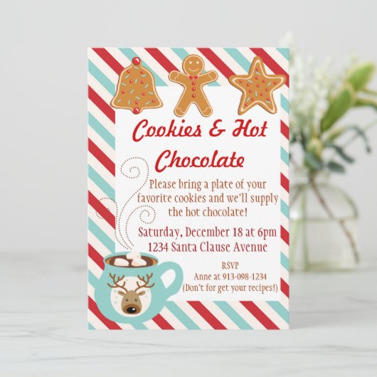 Kerstuitnodiging - warme chocolade en koekjes kaart (Staand voorkant)