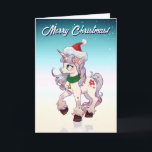KerstUnicorn-Cartoon Feestdagen Kaart<br><div class="desc">Deze vrolijke kerstkaart met een schattige eenhoorn met rood Xmas-pet en een groene halssjaal met een gouden bel kan worden aangepast met elk bericht dat je wilt voor iemand die je dierbaar is.</div>