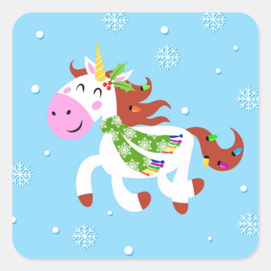 KerstUnicorn-Cartoon Vierkante Sticker (Voorkant)