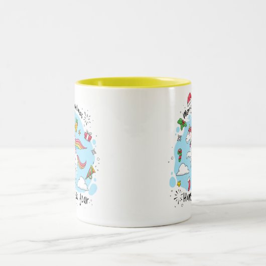 KerstUnicorn Doodle Yellow Tweekleurige Koffiemok (Center)
