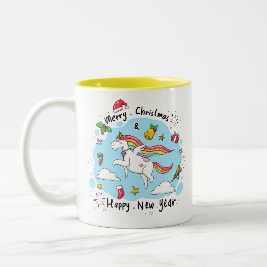 KerstUnicorn Doodle Yellow Tweekleurige Koffiemok (Links)