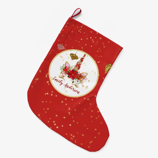 KerstUnicorn Face, speciaal rood goud Grote Kerstsok (Voorkant (Hangend))