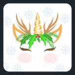 KerstUnicorn Face Vierkante Sticker<br><div class="desc">unicorn horse christmas pony,  antlers funny merry lovely,  pink fairy holly,  color beautiful art fashion,  reindeer kids girl winter,  foliday magical sweet horn,  magic believe cute fantasy,  cartoon face illustrees animal,  baby children head happy,  christmas unicorn horse pony;</div>