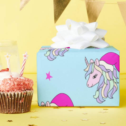 KerstUnicorn in Santa Hat Light Blue Cadeaupapier (Verjaardagsfeest)