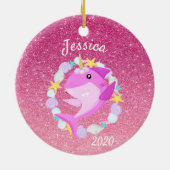 KerstUnicorn roze haai Glitter Aangepast Keramisch Ornament (Achterkant)