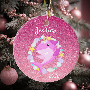 KerstUnicorn roze haai Glitter Aangepast Keramisch Ornament