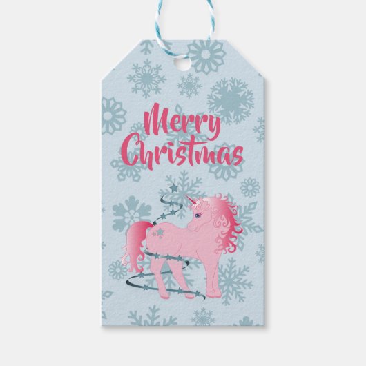 Kerstunicorn Snowflake Cute Blue Roze Cadeaulabel (Voorkant)