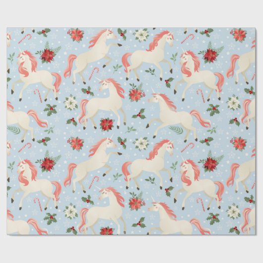 KerstUnicorns Cute Modern Girly Floral Cadeaupapier (Vlak)