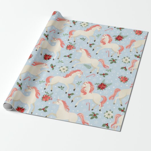 KerstUnicorns Cute Modern Girly Floral Cadeaupapier (Uitgerold)