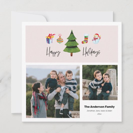 Kerstvakantie Aquarel Boom | 2 Foto Feestdagenkaart (Voorkant)