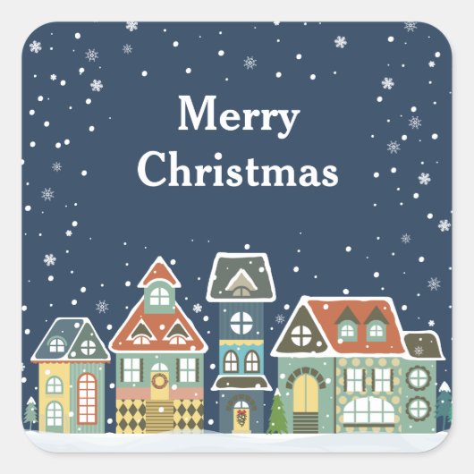 Kerstvakantie avond Winter Village Scène Vierkante Sticker (Voorkant)