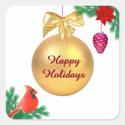 Kerstvakantie bal, vogel & dennenappel op wit vierkante sticker (Voorkant)