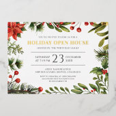 Kerstvakantie Bessen Groene Open Huis Goud Folie Uitnodiging (Voorkant)