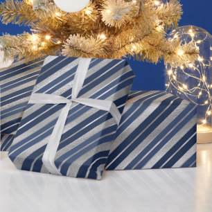 Kerstvakantie blauw en zilver folie kerststrepen cadeaupapier