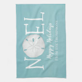 Kerstvakantie Blauw Noel Schattige Strand Zanddoll Theedoek (Verticaal)