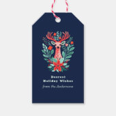 Kerstvakantie Blauw Rendier Botanisch Cadeaulabel (Voorkant)
