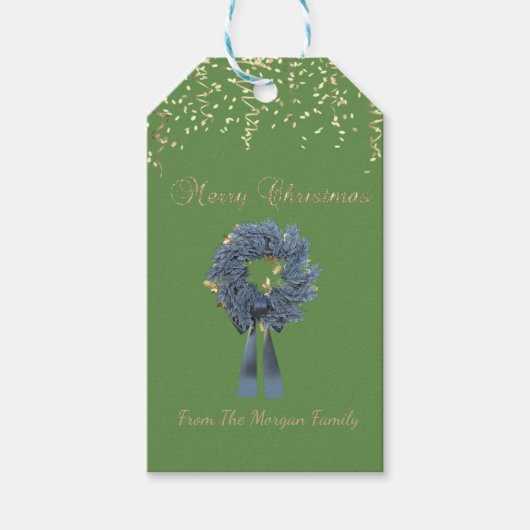 Kerstvakantie Blauwe Krans,Confetti,Groen Cadeaulabel (Voorkant)
