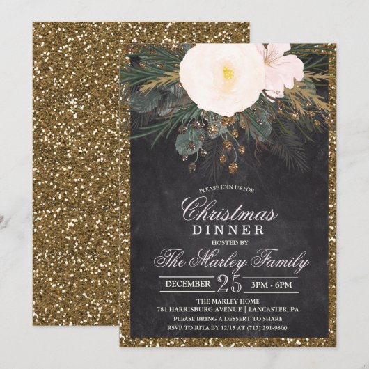 Kerstvakantie bloem glitter uitnodiging (Voorkant / Achterkant)