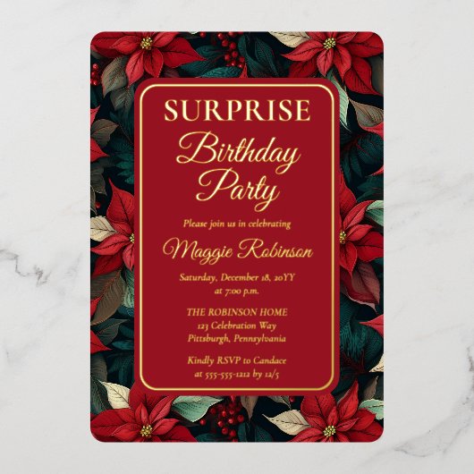 Kerstvakantie Bloemen Verrassing Verjaardagsfeest Folie Uitnodiging (Voorkant)