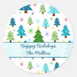 Kerstvakantie Bomen Starbursts Feestelijk Blauw Ronde Sticker