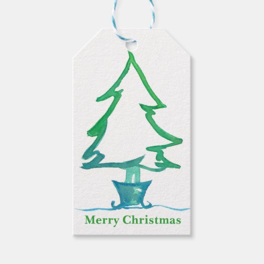 Kerstvakantie boom Waterverf Cadeaulabel (Voorkant)