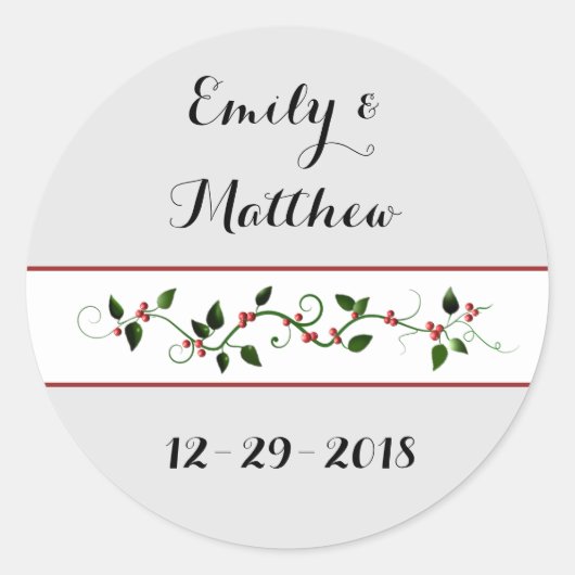 Kerstvakantie bruiloft paar's Holly Vine Ronde Sticker (Voorkant)