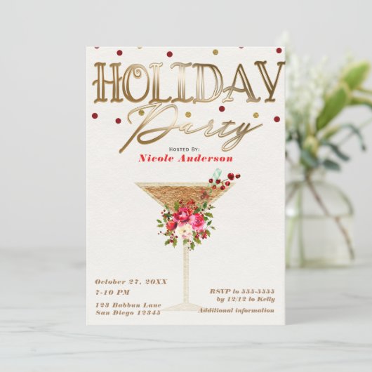 Kerstvakantie Cocktailparty Goud Rood Feestdagen Kaart (Staand voorkant)