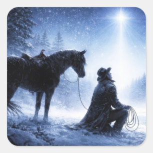 Kerstvakantie Cowboy en Paard Noordster Vierkante Sticker