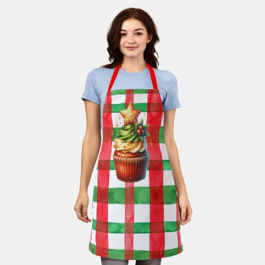 Kerstvakantie Cupcake Schort (rood en groen) (Gedragen)
