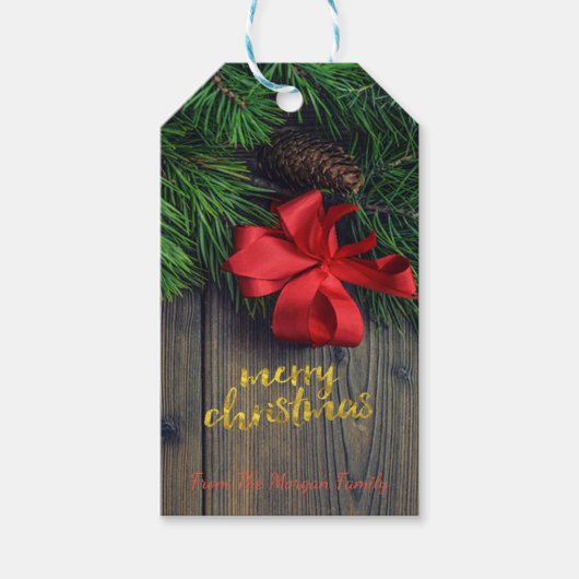 Kerstvakantie Dennentakken, Rode Strik Cadeaulabel (Voorkant)