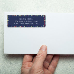 Kerstvakantie Eenvoudige Marine Blauw Rood Plaid Etiket