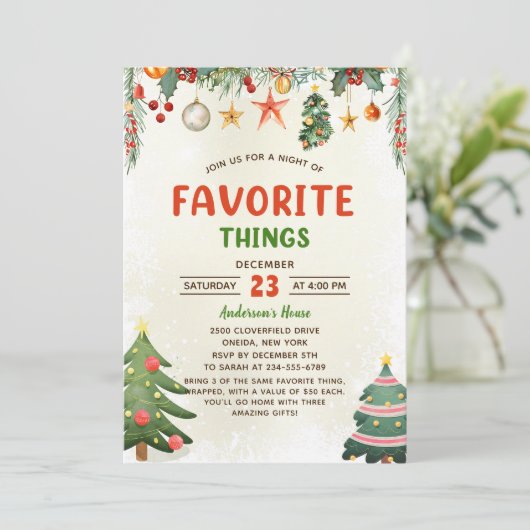 Kerstvakantie Favoriete Dingen Uitnodiging (Staand voorkant)